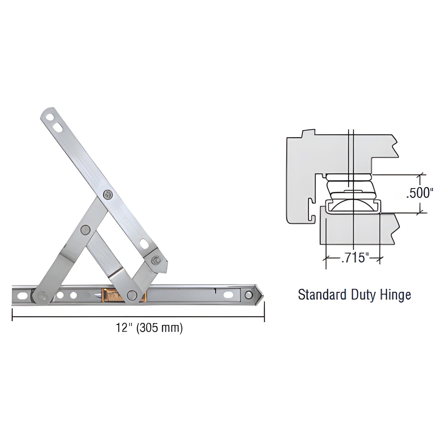 Truth 4-bar stainless casement hinge EP28013, non-handed with 55 stop, standard duty (12" shown)