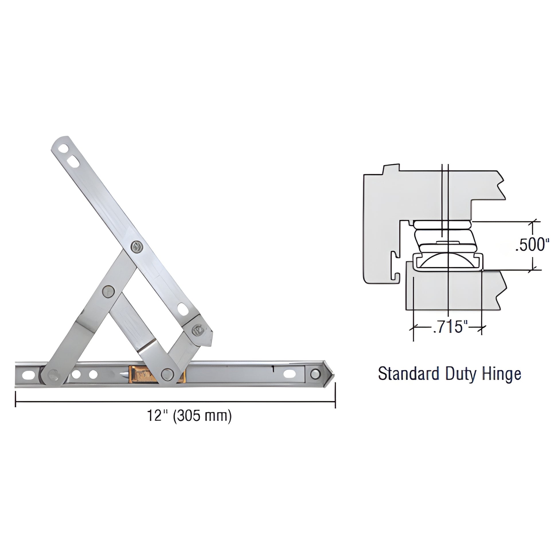 Truth 4-bar stainless casement hinge EP28013, non-handed with 55 stop, standard duty (12" shown)
