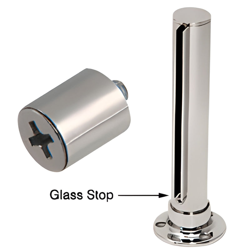 SA14PS polished stainless steel U-channel glass stop for 1/4 in (6 mm) glass - cylindrical stop with thread-cutting screw.
