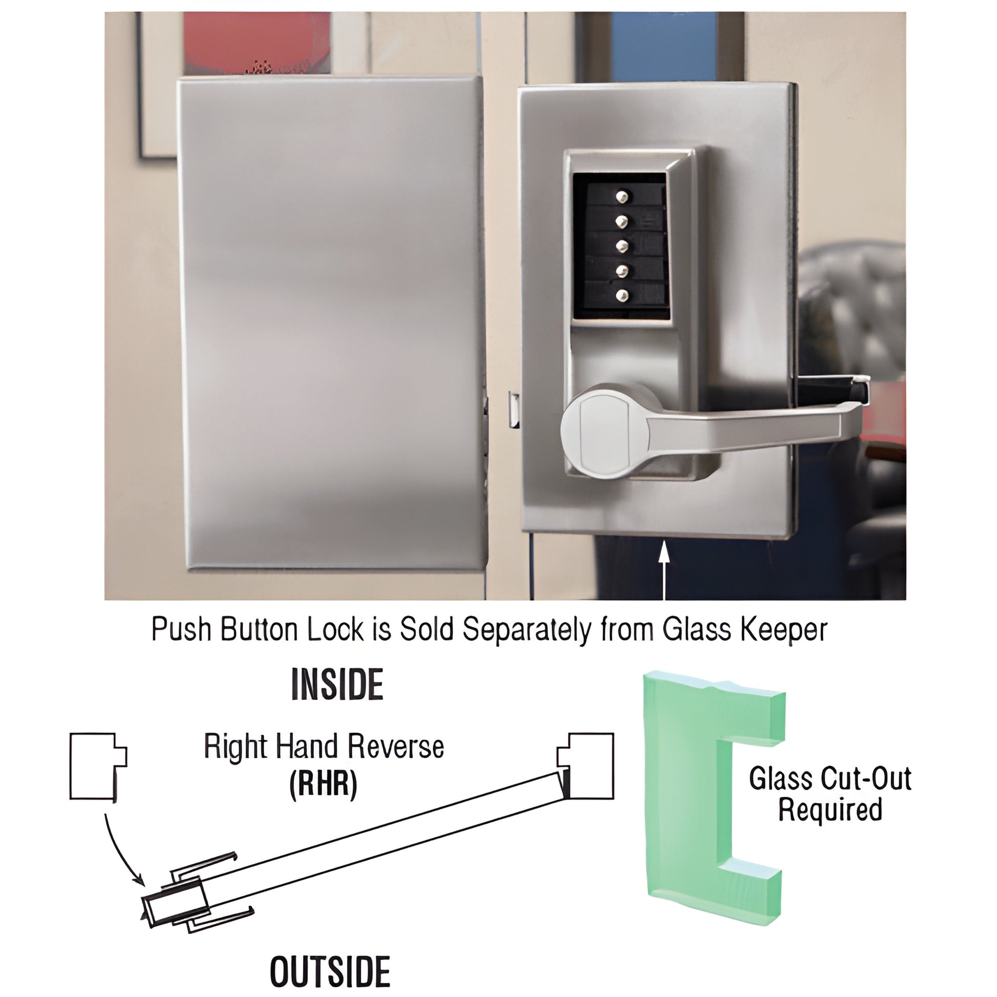 Brushed stainless 6x10 center lock (SKU DL611RCBS) on 1/2" tempered glass door, right-hand reverse lever lock.
