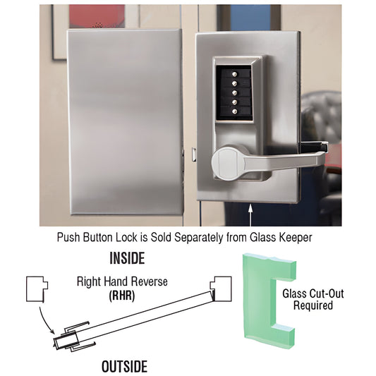 Brushed stainless 6x10 center lock (SKU DL611RCBS) on 1/2" tempered glass door, right-hand reverse lever lock.