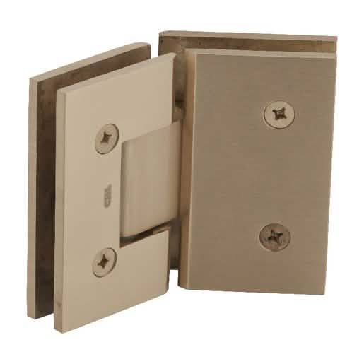 Satin Brass 135° Glass-to-Glass Hinge, CRL Vienna 045 Series, sleek and durable design.