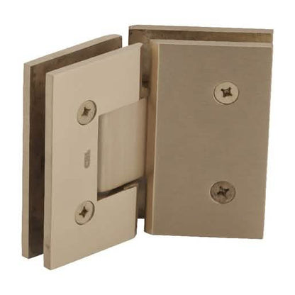 Satin Brass 135° Glass-to-Glass Hinge, CRL Vienna 045 Series, sleek and durable design.