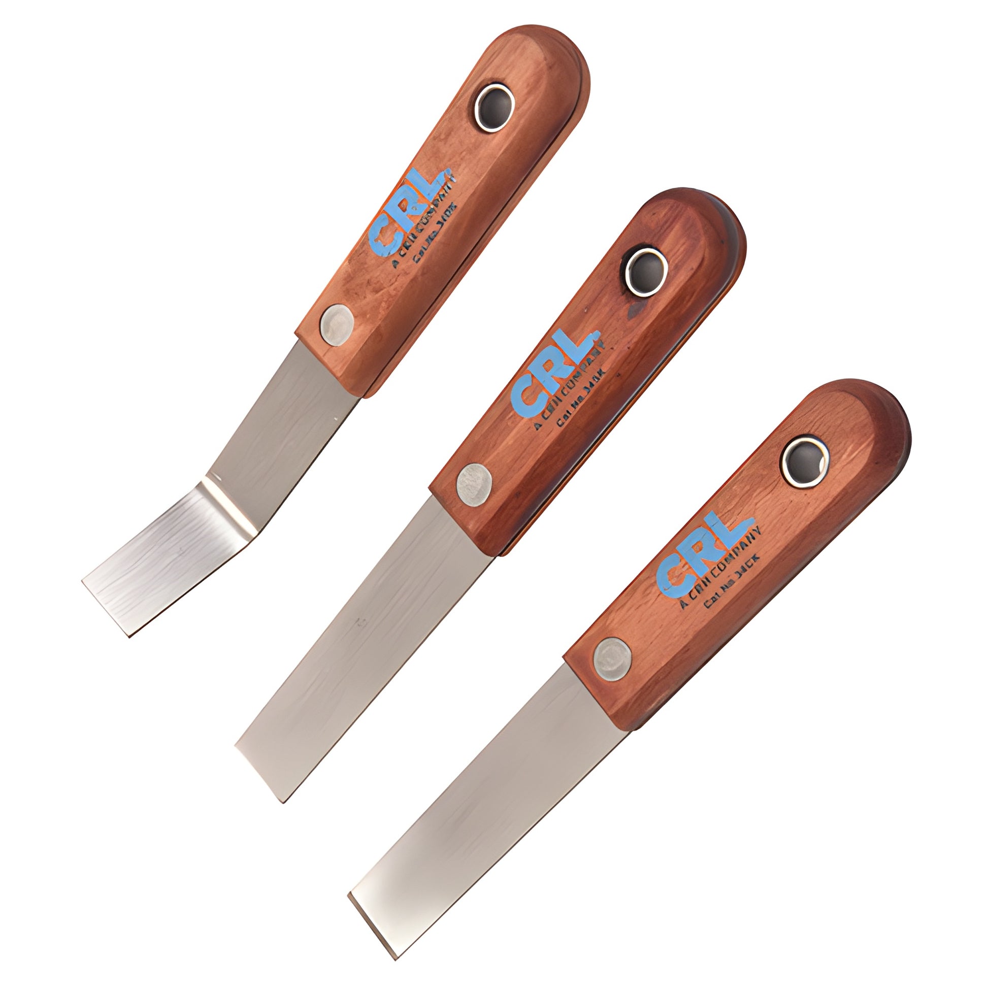 Set of 3 CRL 3/4" putty knives with hardwood handles - bent, chisel and flat scraper blades, 6.5" overall (SKU 34KSET)