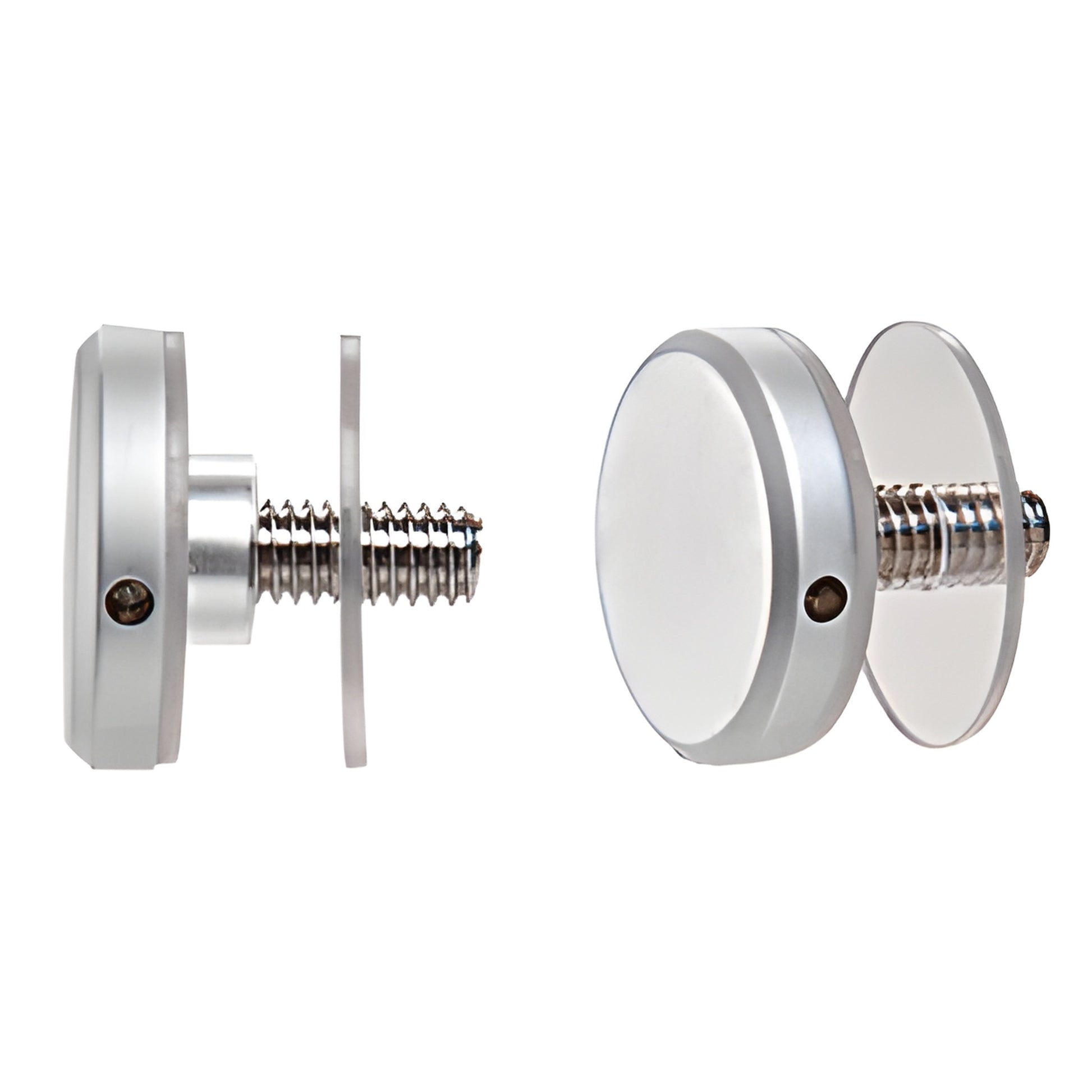 Satin chrome 1-1/4" standoff cap assembly with threaded stud, washers and vinyl sleeve (CAP114SC)