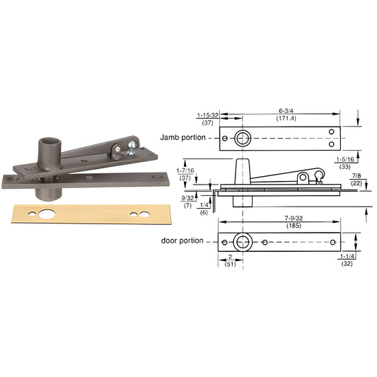 Rixson H340PB center-hung top pivot kit in polished brass and aluminum with cover plate shown beside technical diagram.