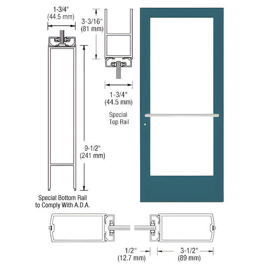 DE41771 Custom Kynar medium-stile commercial entrance door, 31 2" stiles, 91 2" ADA bottom rail, 1/4" glass stop.