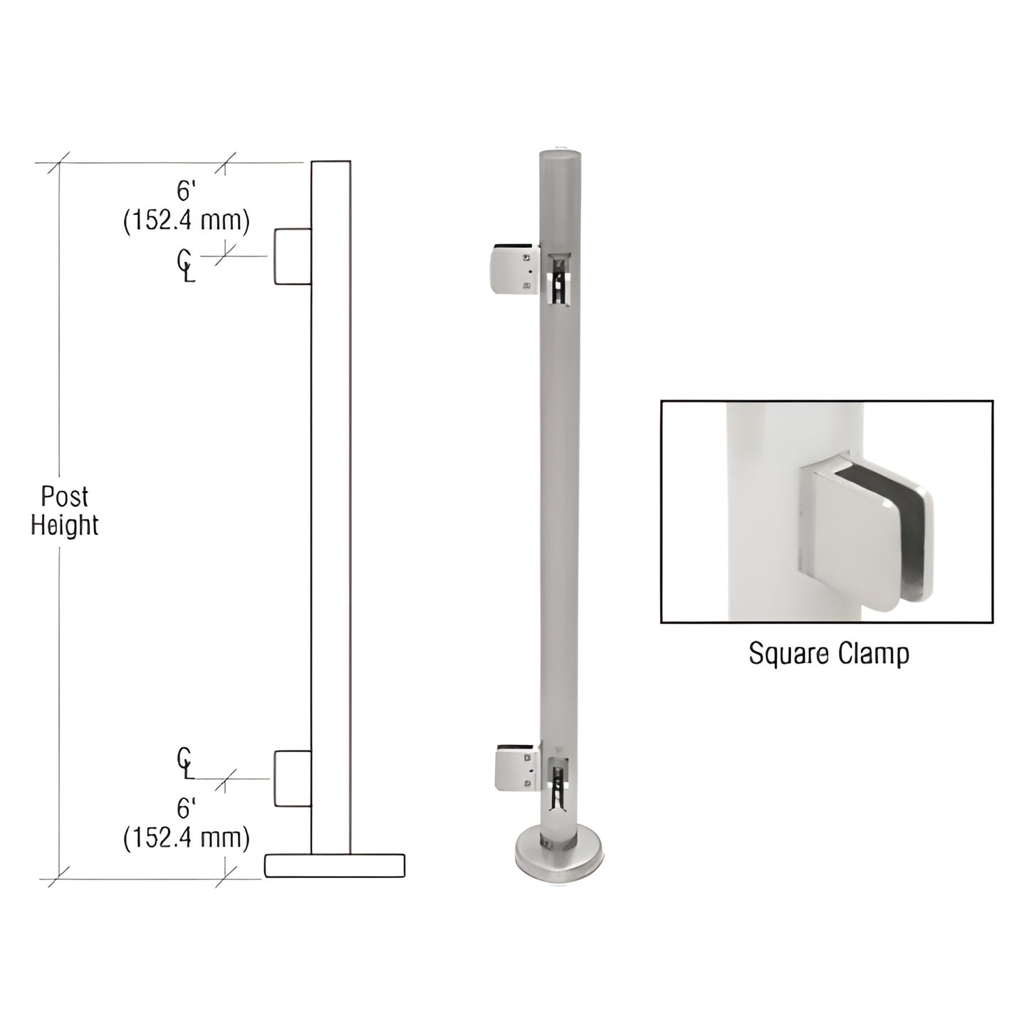 PS42LBS stainless steel 1.9" glass clamp post kit with base plate and square Z series clamps for 1/2" tempered glass