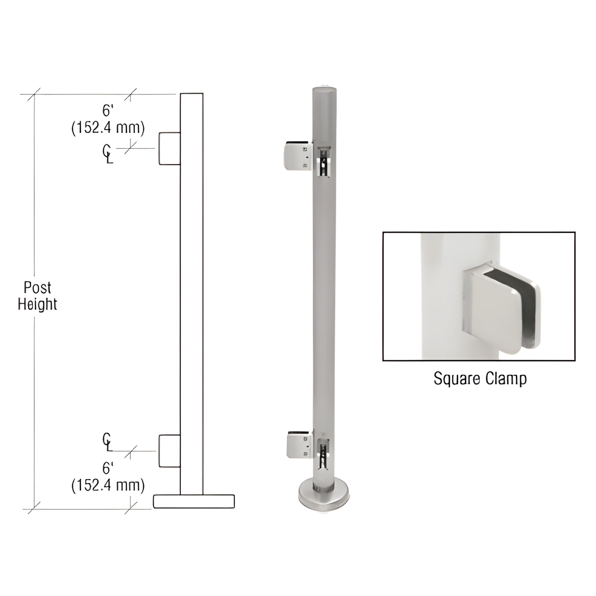 PS42LBS stainless steel 1.9" glass clamp post kit with base plate and square Z series clamps for 1/2" tempered glass