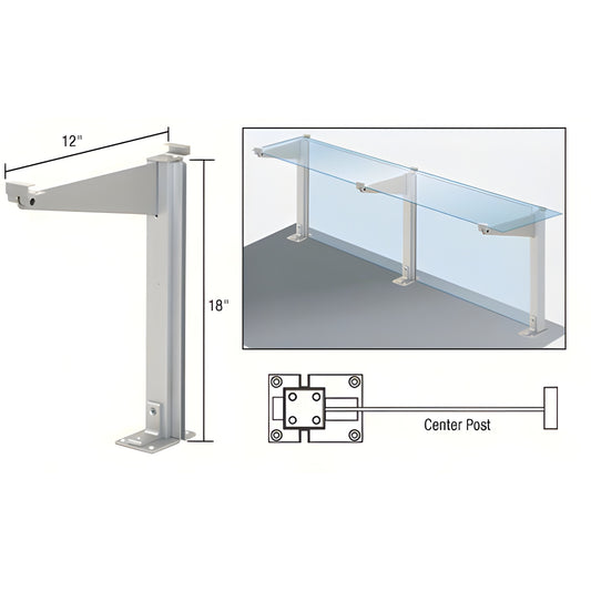 D995AC satin anodized aluminum center post shelf support - 18in high, 12in deep, for 1/4in glass glazing.