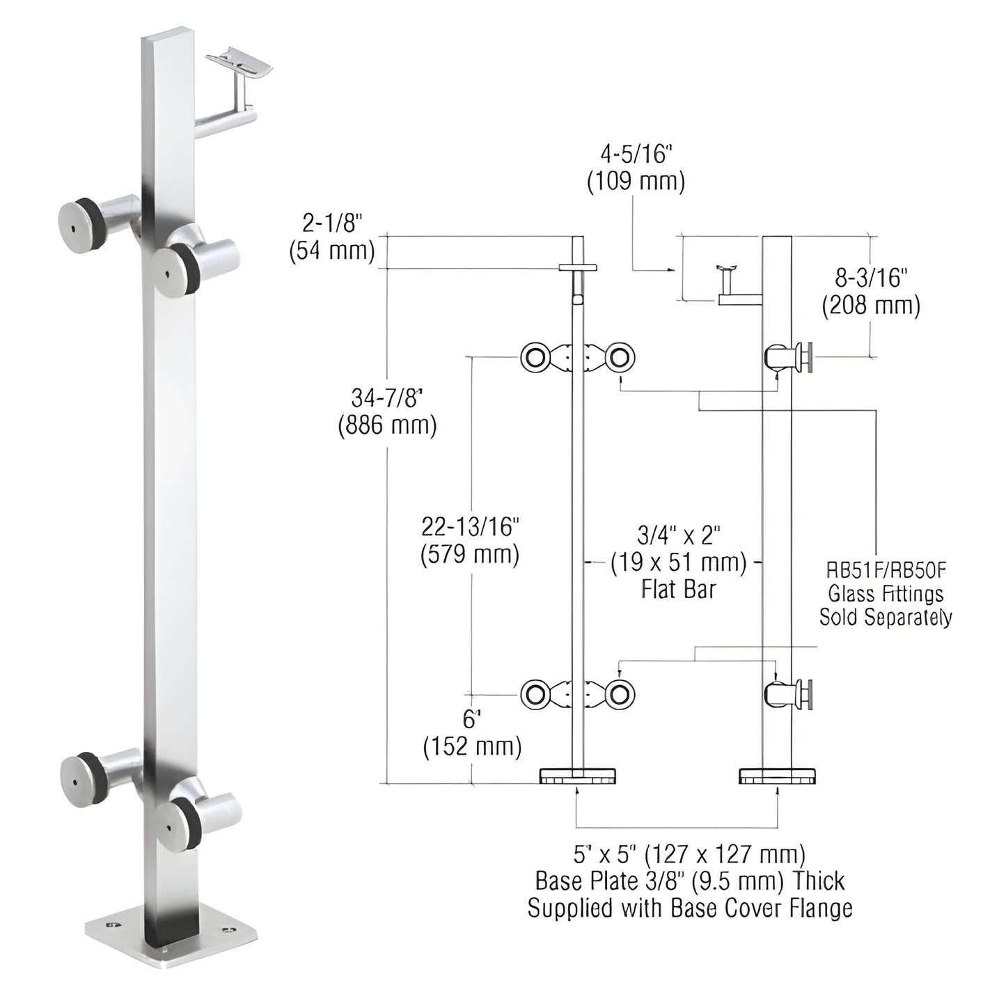 Stainless steel surface-mounted glass railing post (P336CPS) with 5"x5" base plate - glass fittings sold separately.
