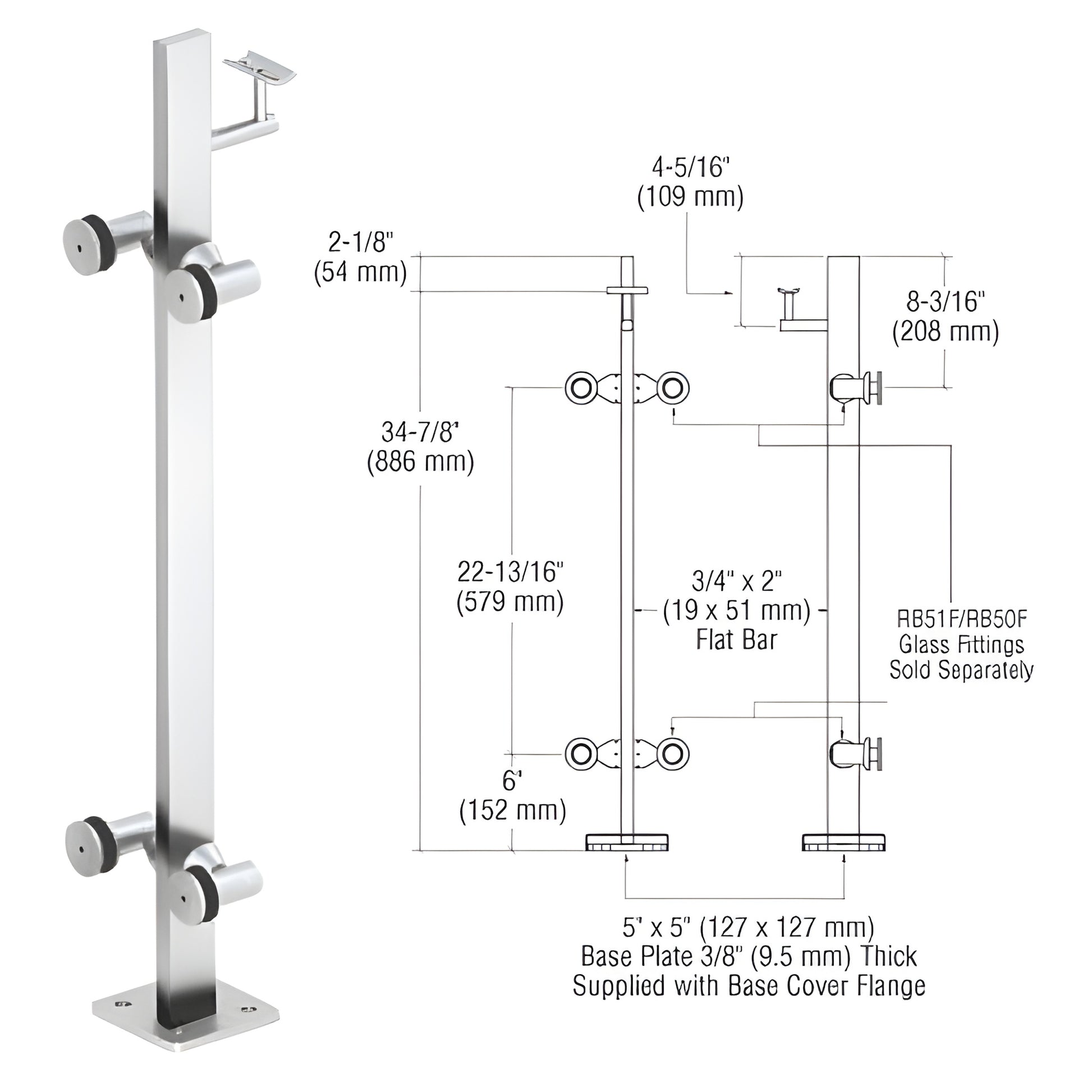Stainless steel surface-mounted glass railing post (P336CPS) with 5"x5" base plate - glass fittings sold separately.