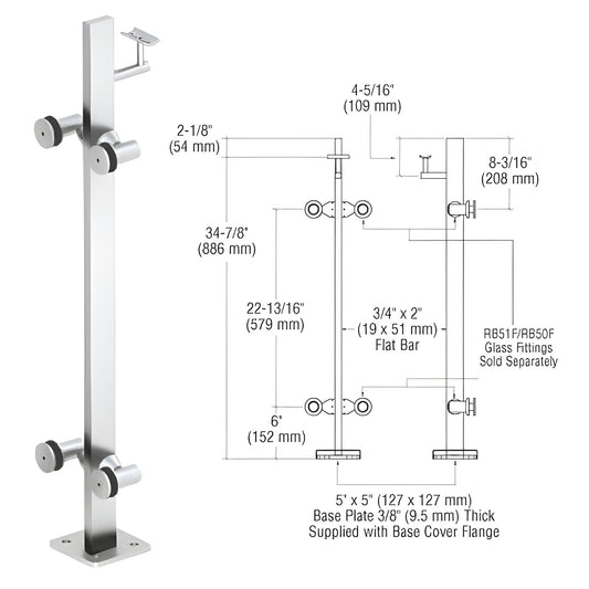 Stainless steel surface-mounted glass railing post (P336CPS) with 5"x5" base plate - glass fittings sold separately.
