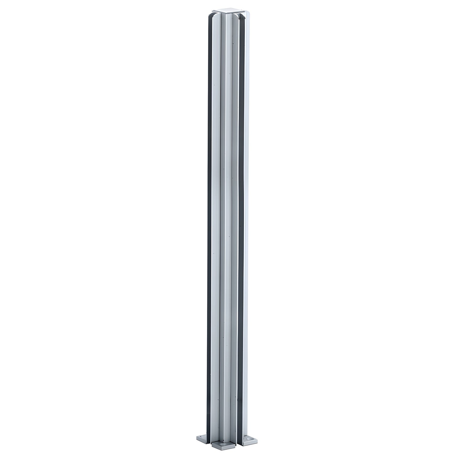 CRL Design Series 3-way satin anodized aluminum partition post (SKU D990A303W) with U-channels for 1/4" tempered glass