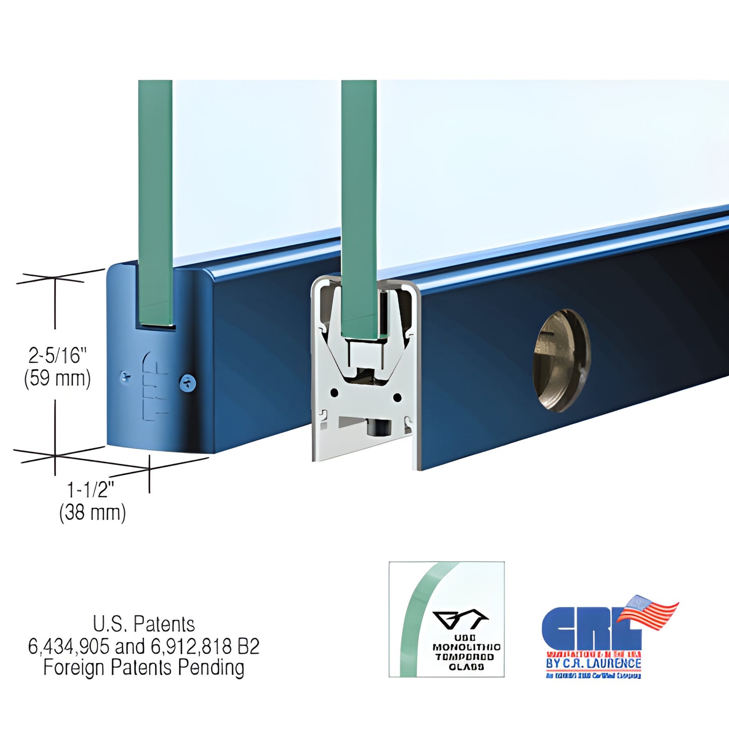 CRL low-profile aluminum door rail DR2SPT12CL, powder-coated blue, Wedge-Lock for 1/2" glass, 2-5/16" H x 1-1/2" W.