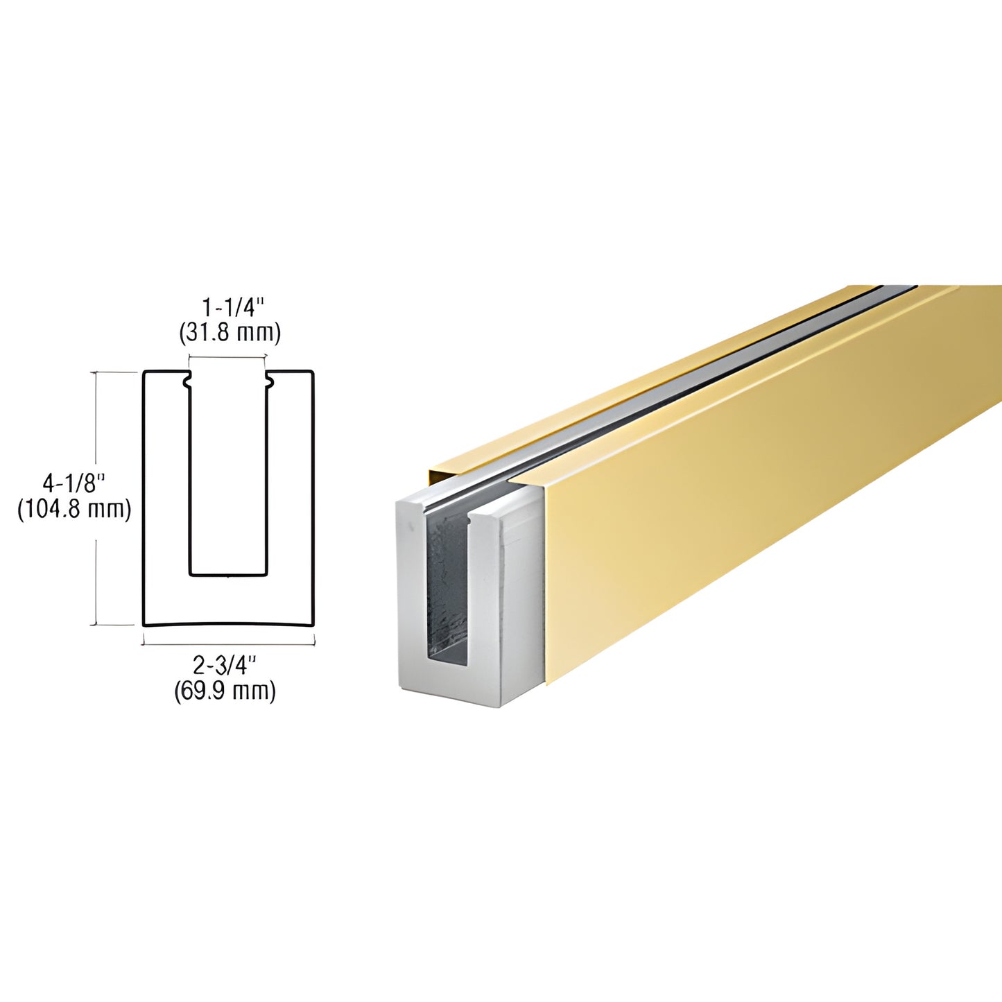 B7SPBC polished brass aluminum base shoe for glass railings, 4-1/8 H 2-3/4 W, fits 3/4 glazing