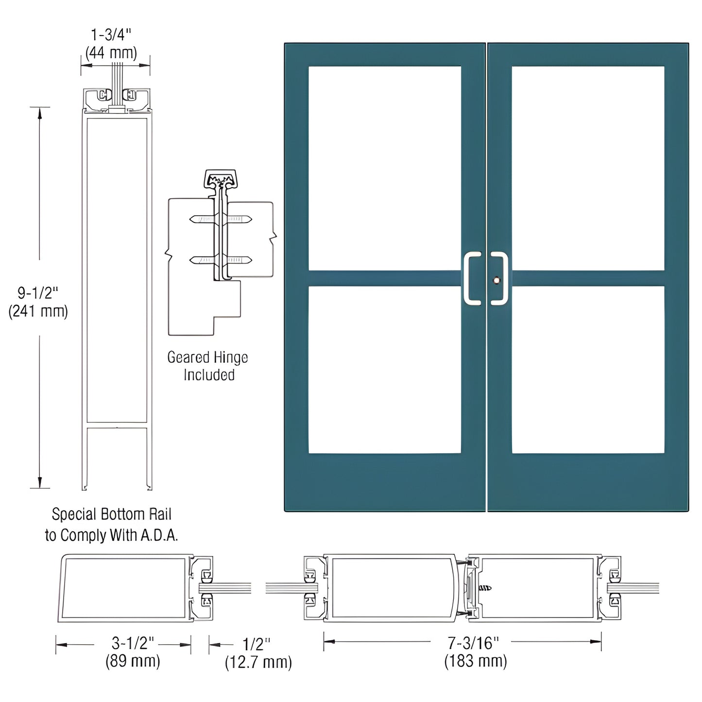 Double entrance doors, Custom Kynar teal, medium stiles, glazed panels, 9-1/2" ADA bottom rail - SKU CZ42871