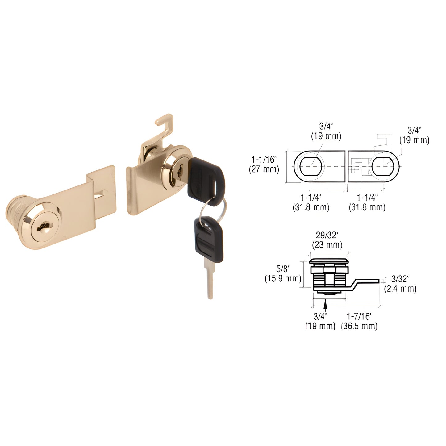 LK28 polished brass glass cabinet lock set with operable and dummy cylinders, offset cam and two keys, for 1/4" glass