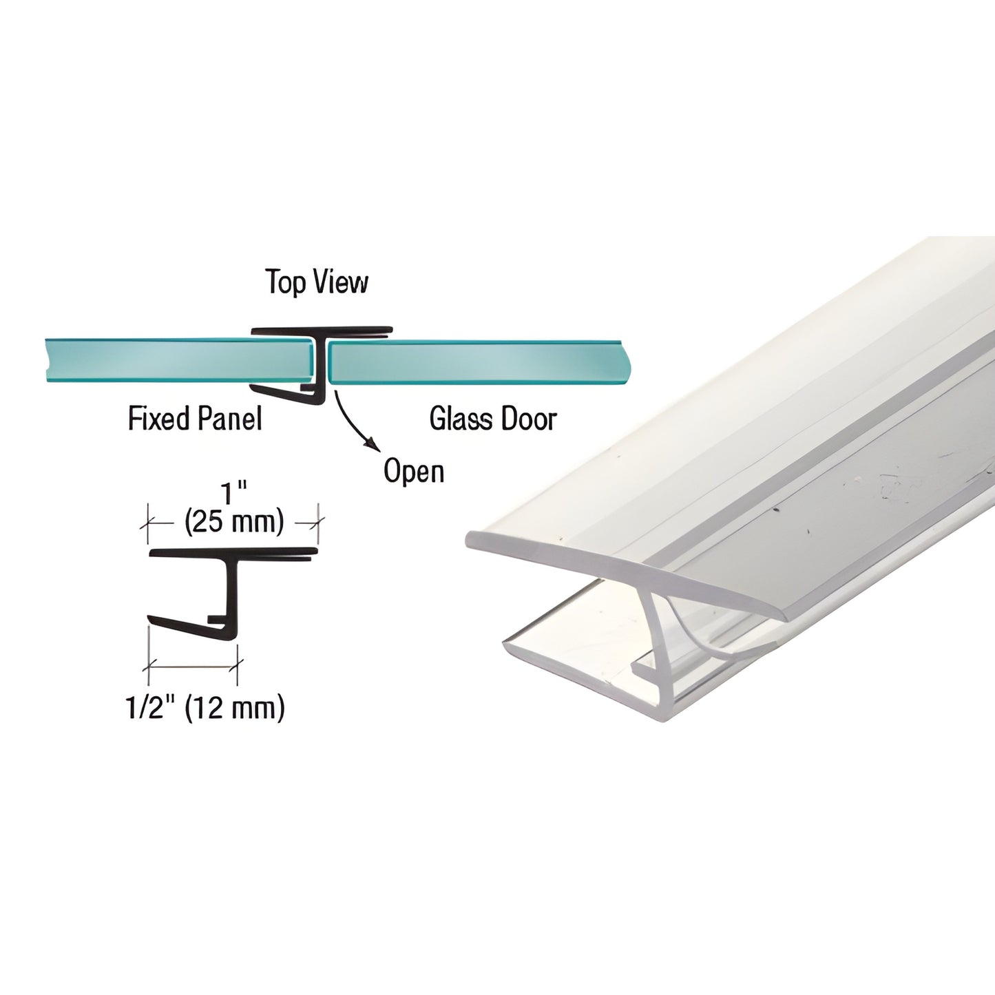 PCK8 clear polycarbonate H-jamb seal with cushion fin for 180 frameless glass-to-glass shower doors