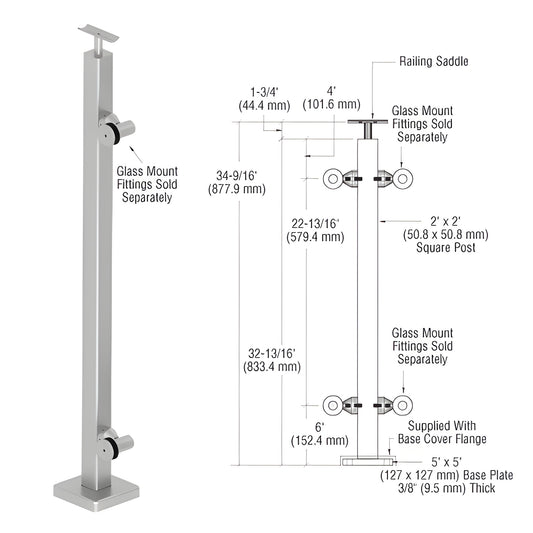 P136EBSC stainless 2in square surface-mount railing post, 36in, 5x5 base plate, top saddle; glass fittings sold separately