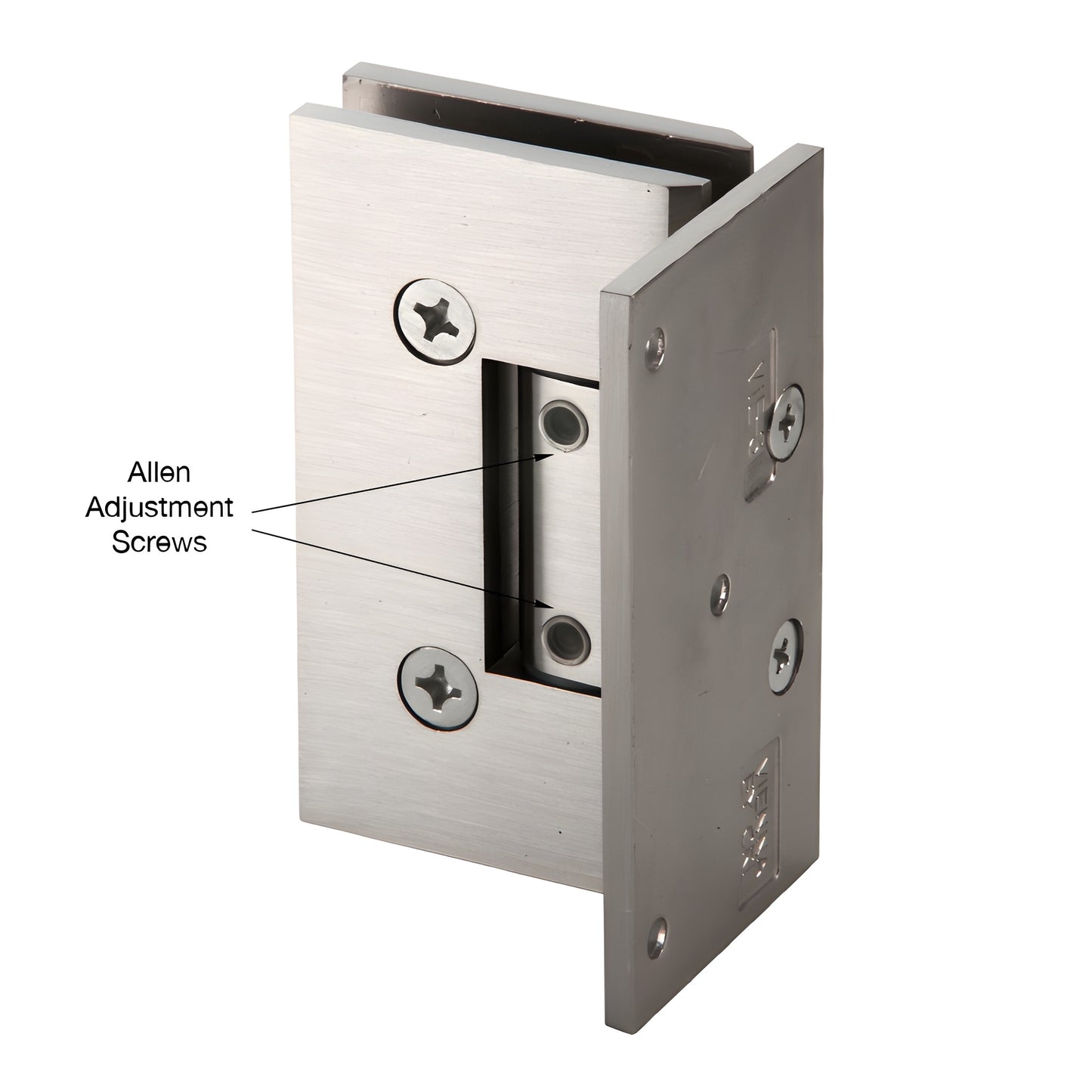 Vienna V1E344BN brushed-nickel adjustable offset wall-mount shower hinge for 10-12mm glass, squared modern design.