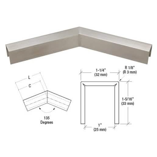 CRL Brushed Stainless 135° Corner for 3/4" Glass, Low Profile Cap Rail, 11 Gauge