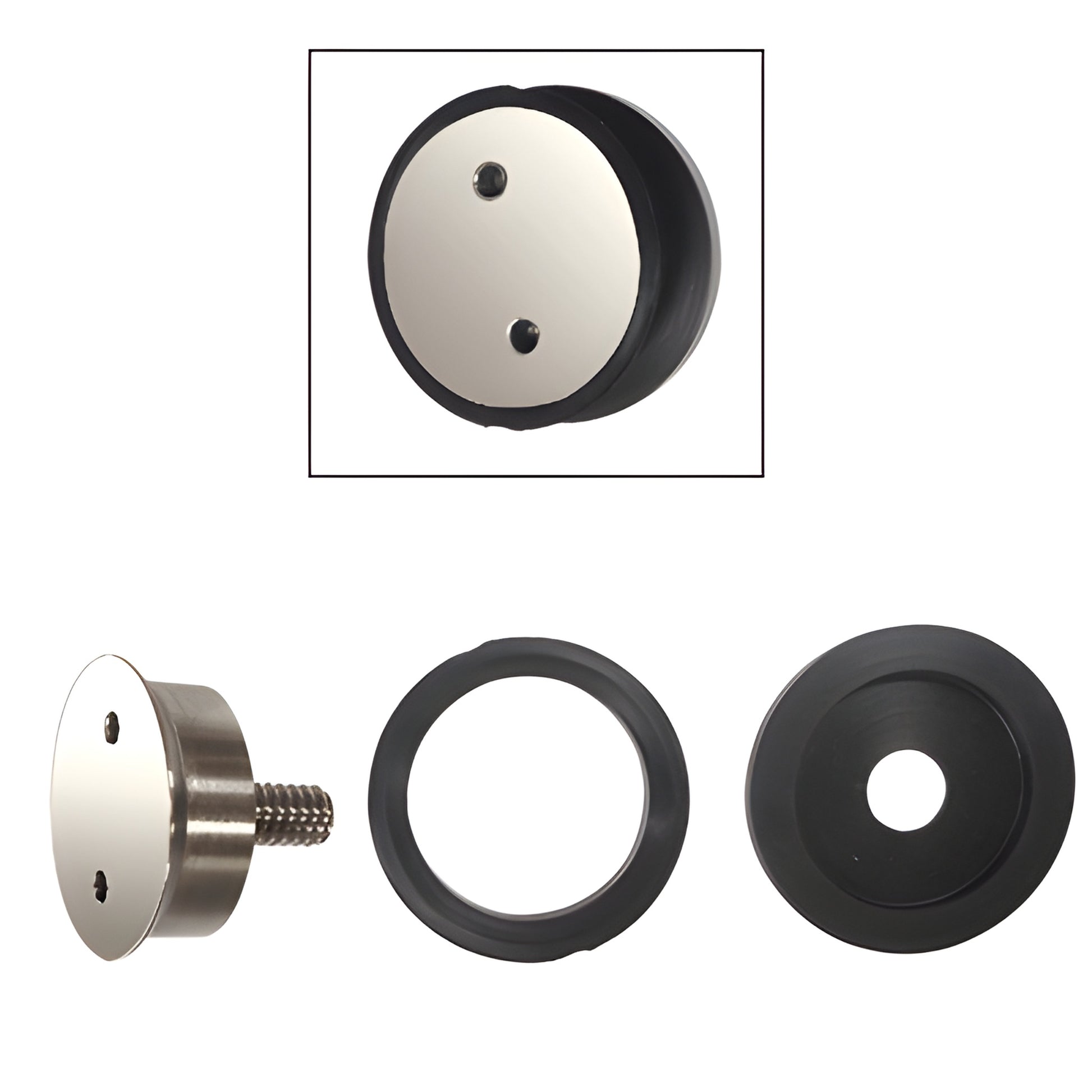 Flush mount cap (CAPF1420PS), polished 316 stainless steel, 1-1/8" diameter for 3/8-1/2" glass standoffs.