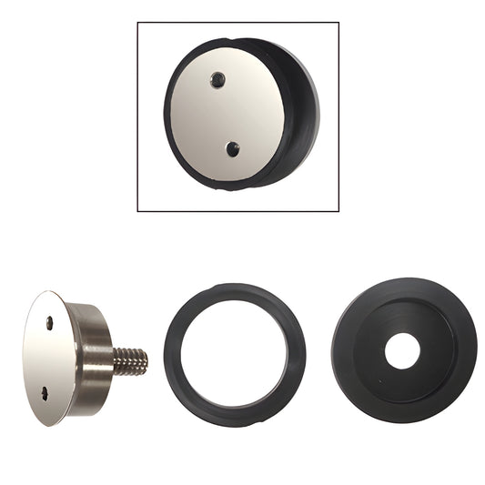 Flush mount cap (CAPF1420PS), polished 316 stainless steel, 1-1/8" diameter for 3/8-1/2" glass standoffs.