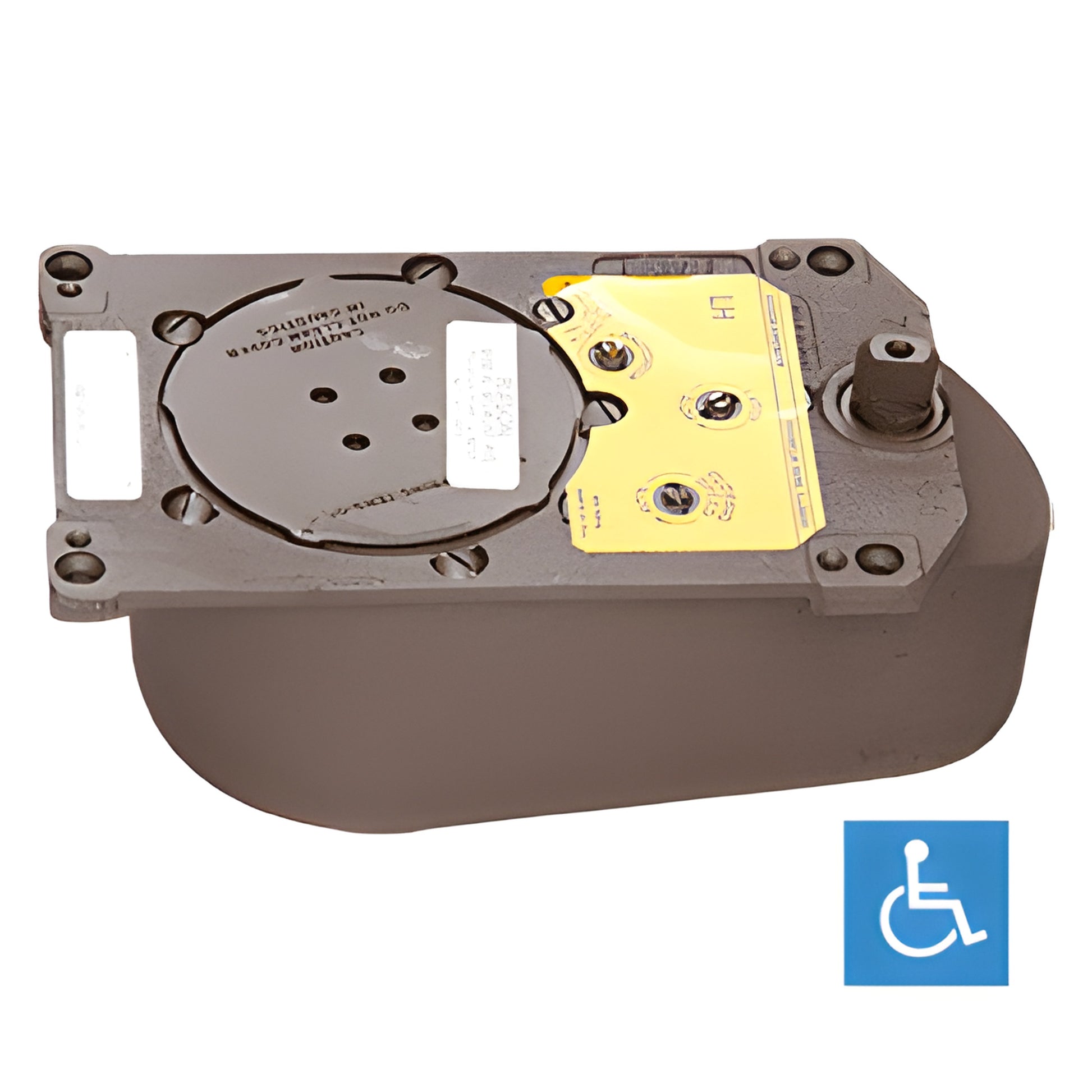 Rixson Model 328 floor-mounted door closer (PH328105SH0L85), center-hung closer body with tapered spindle and ADA icon