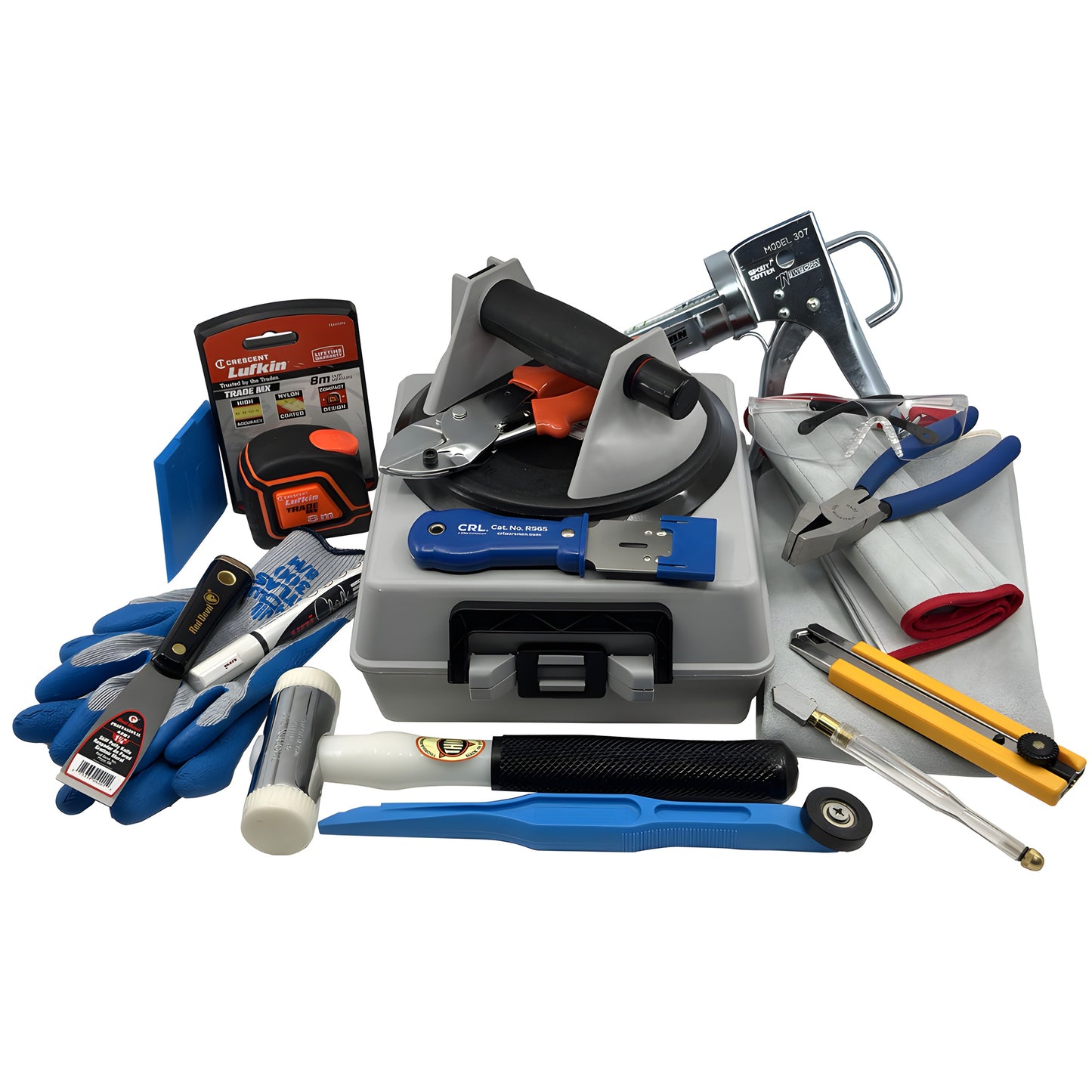 CRL glaziers starter kit: gray toolbox with suction lifter, Toyo glass cutter, caulk gun, roller, gloves, safety glasses.