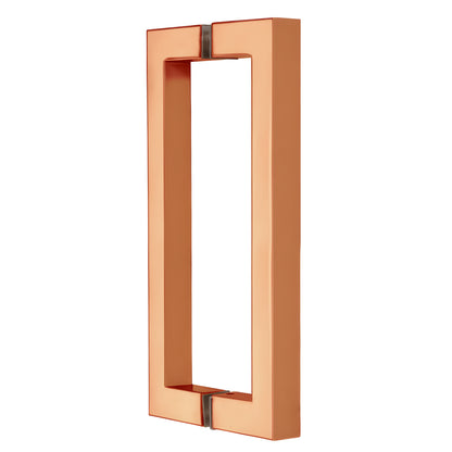 Rose gold square-corner glass door pull handle, 8 in center-to-center, brass tubular construction - SKU SQ8X8RG