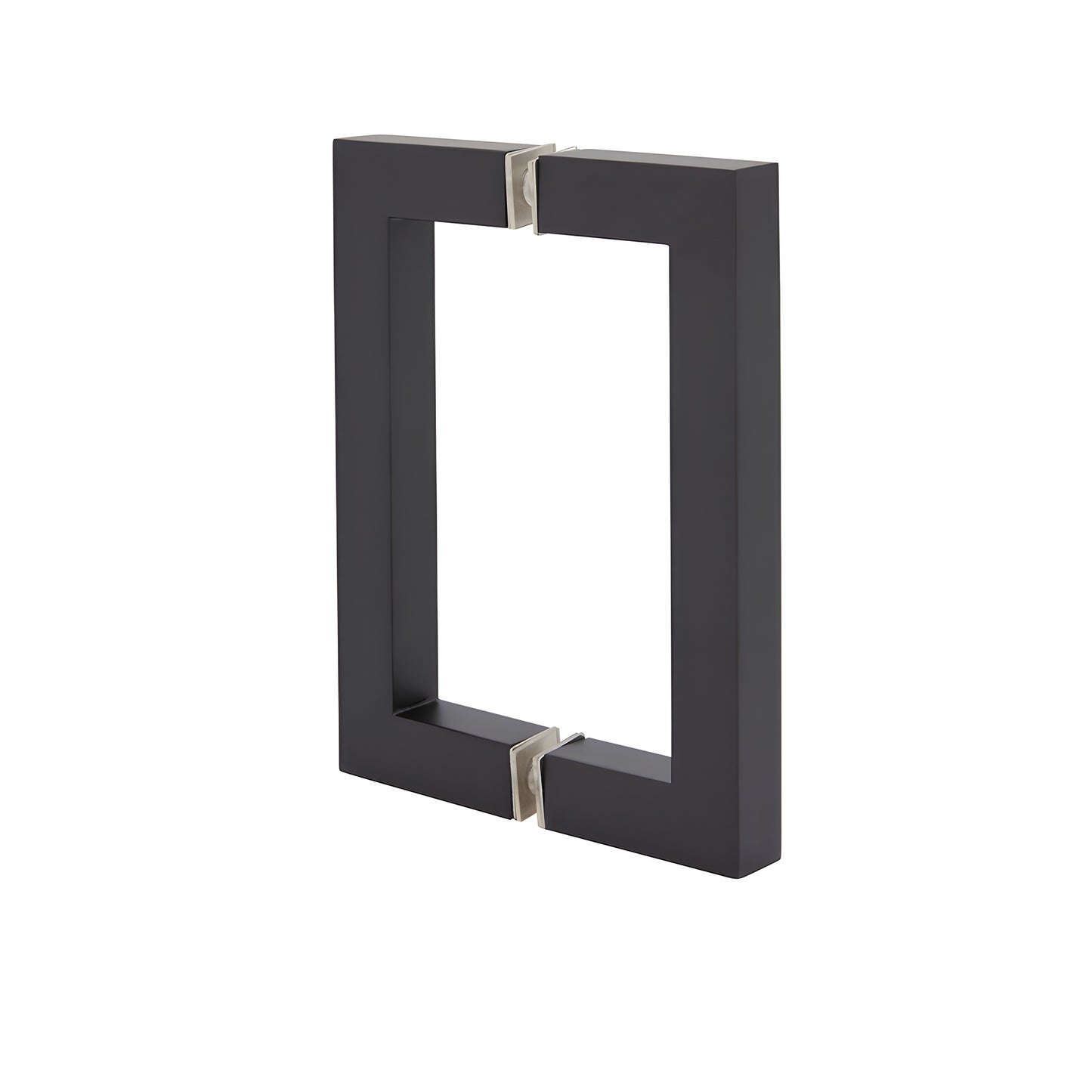 Square-corner tubular brass shower door pull, oil rubbed bronze finish, back to back glass mount, 6 in center-to-center