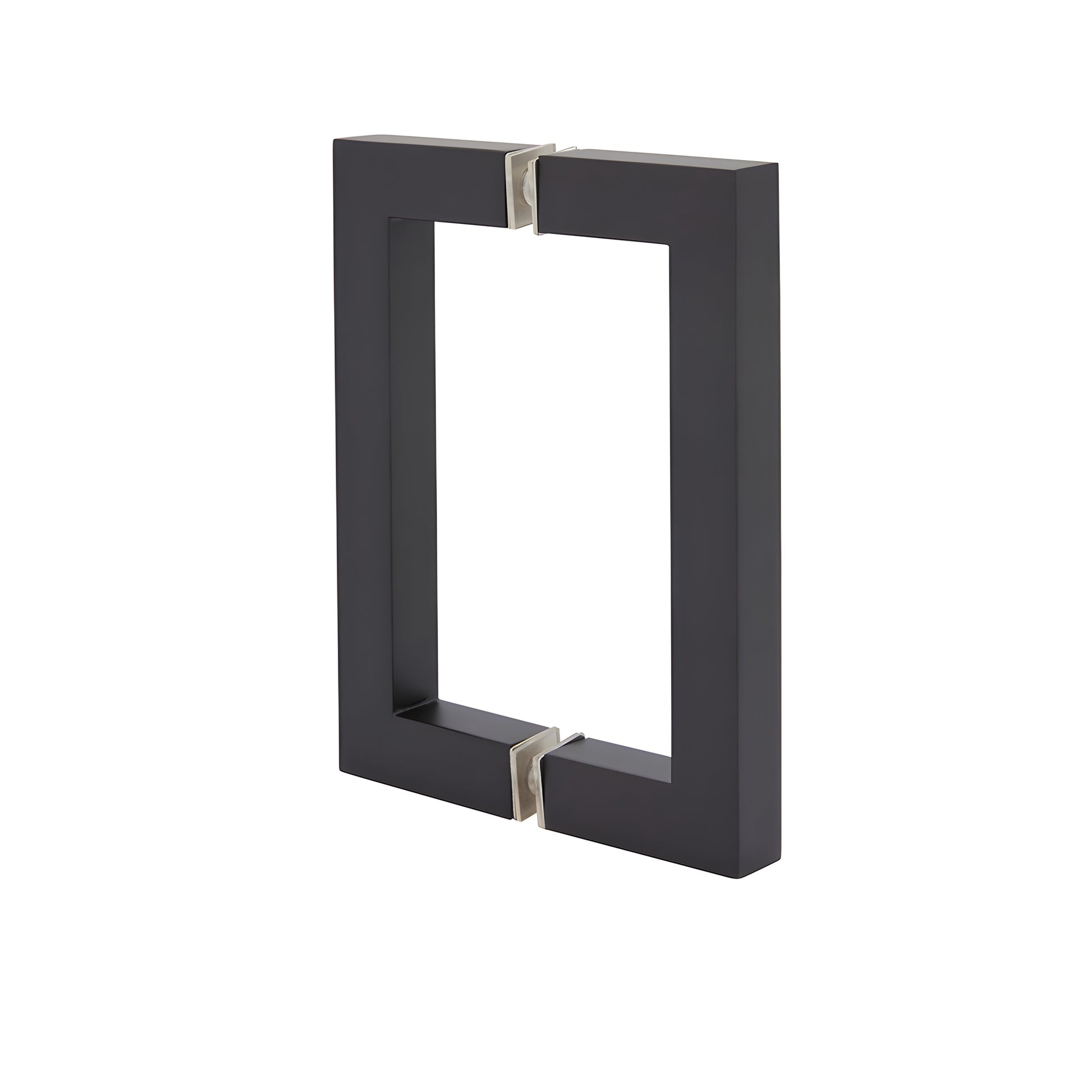 Square-corner tubular brass shower door pull, oil rubbed bronze finish, back to back glass mount, 6 in center-to-center