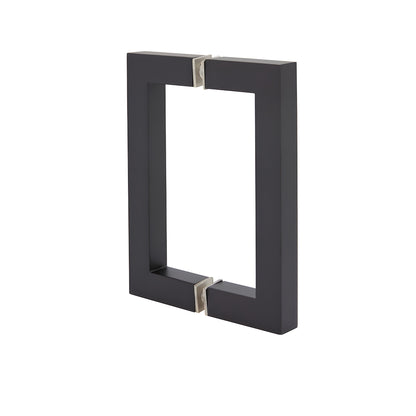 Square-corner tubular brass shower door pull, oil rubbed bronze finish, back to back glass mount, 6 in center-to-center