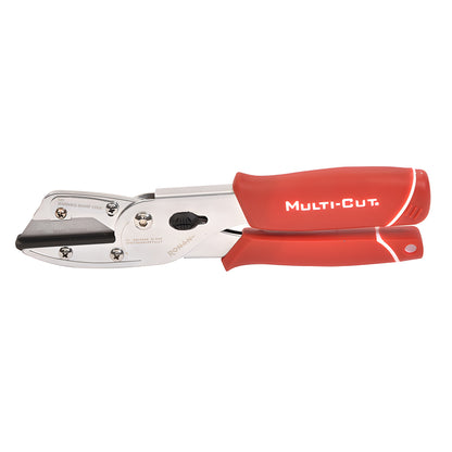 Red-handled Multi-Cut PTQS2 cross-cut trim snips with 90 base, accepts standard utility blade, lockable jaws