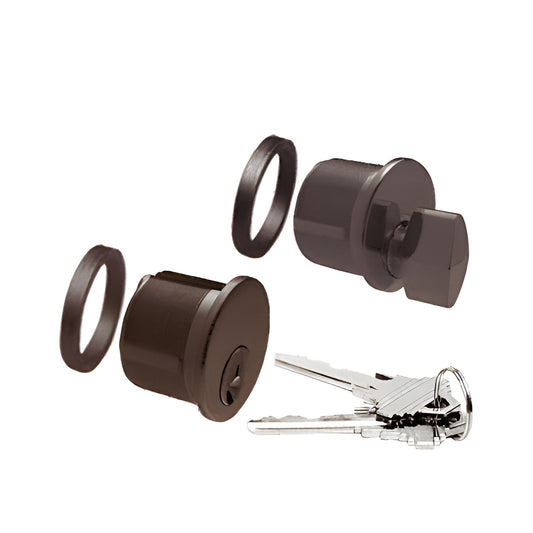 Dark bronze mortise keyed cylinder and thumbturn combo with keys and trim rings for storefront locks.