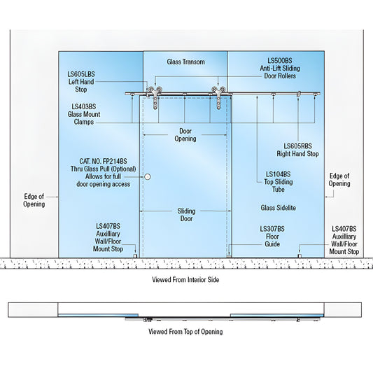 Technical diagram of CRL Laguna glass-mount single sliding door kit (LSGM26MBL) showing top rail, anti-lift rollers, clamps.