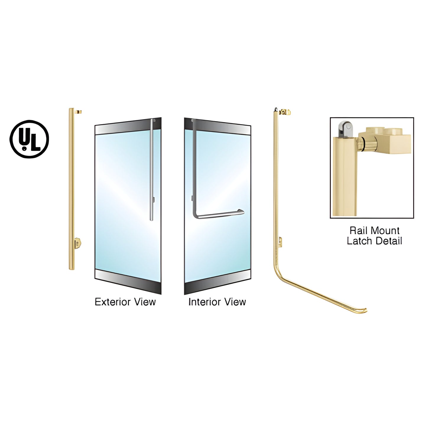 Satin brass PA100 rail-mount panic handle, 1-1/4" tube for 1/2" glass, exterior keyed, left-hand reverse
