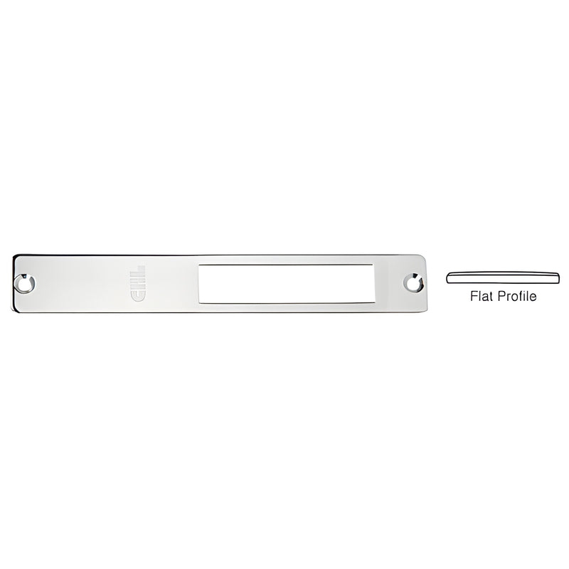 DL48PS polished stainless steel 6-7/8 inch faceplate lock strike for DH410/DT410 center locks, 1 inch wide, flat profile.