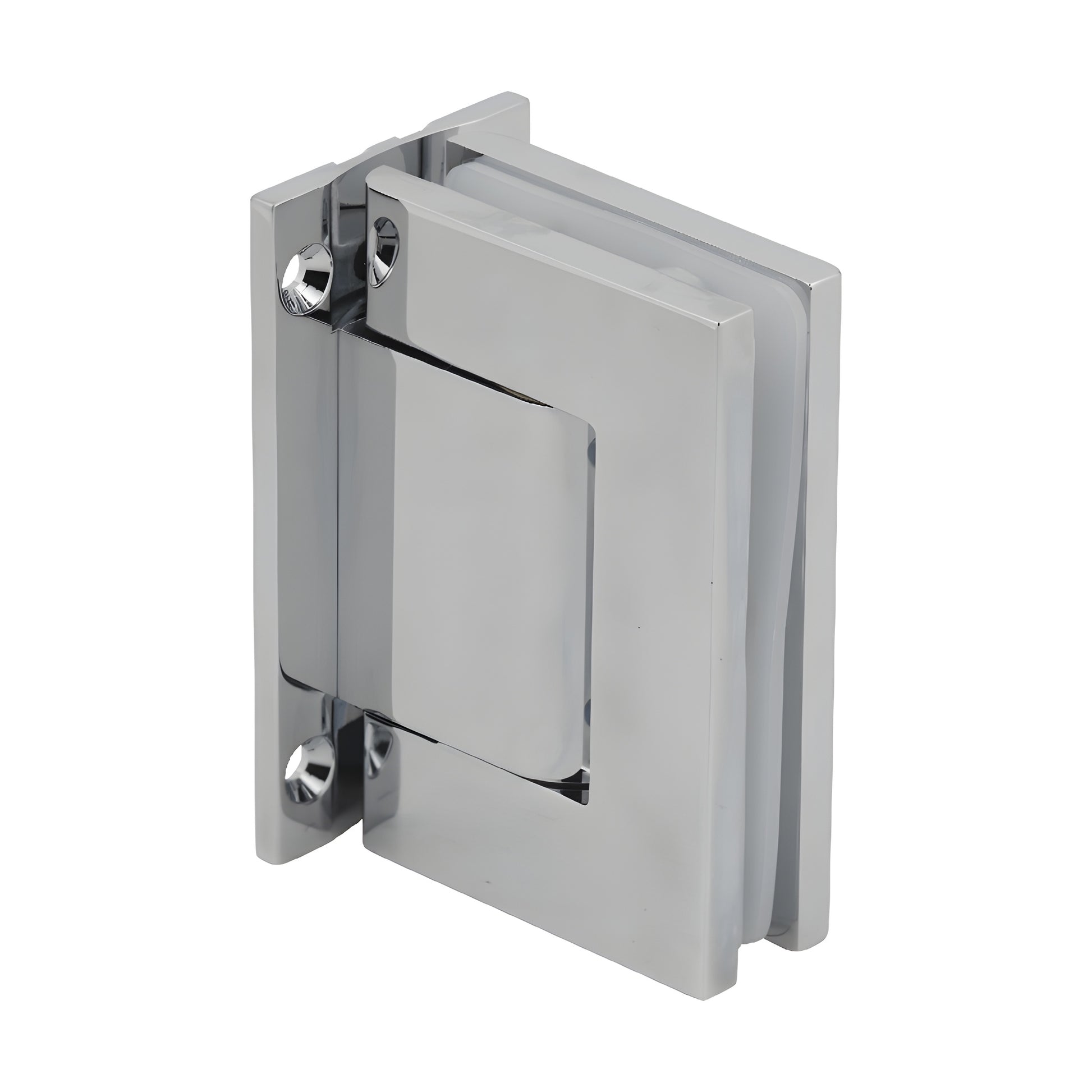 Polished chrome aluminum oil-dynamic full back plate wall hinge for 8-14mm glass doors, self-closing (SKU H8210BTCH)