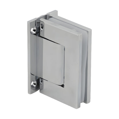 Polished chrome aluminum oil-dynamic full back plate wall hinge for 8-14mm glass doors, self-closing (SKU H8210BTCH)