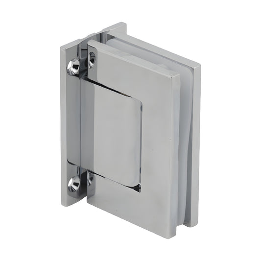 Polished chrome aluminum oil-dynamic full back plate wall hinge for 8-14mm glass doors, self-closing (SKU H8210BTCH)