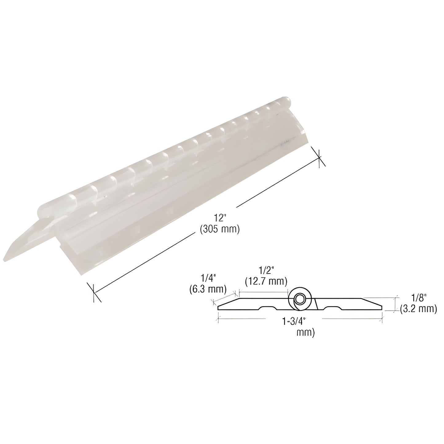 Clear 12in acrylic continuous hinge, adhesive-mount, 1-3/4in wide with polished edges - SKU 12AHC