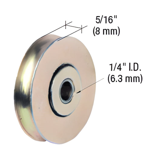 D1503 steel concave center-grooved bearing roller, 1-1/2" dia, 1/4" I.D., 5/16" wide - sliding door/window replacement.