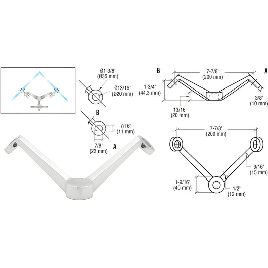 CRL PMR2V90PS double-arm stainless steel corner fitting for two 90 frameless glass panels, polished, hardware included.