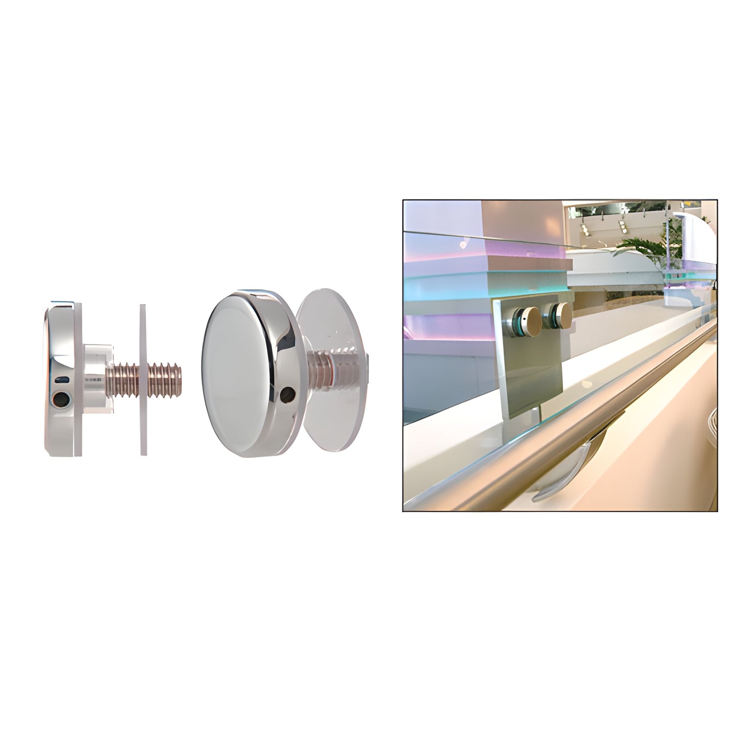 CAP112PS 1-1/2" polished 316 stainless standoff cap with 3/8-16 stud, exploded view and installed on glass railing