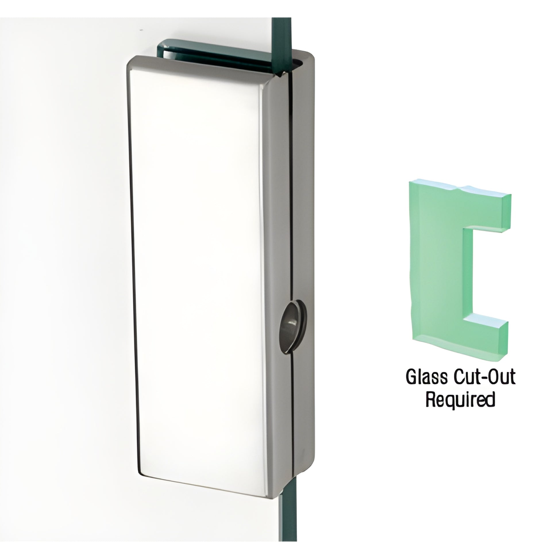 DTK36SA satin anodized low-profile glass keeper on tempered glass, 1-3/4 x 5-5/8 in, fits 3/8-1/2 in.