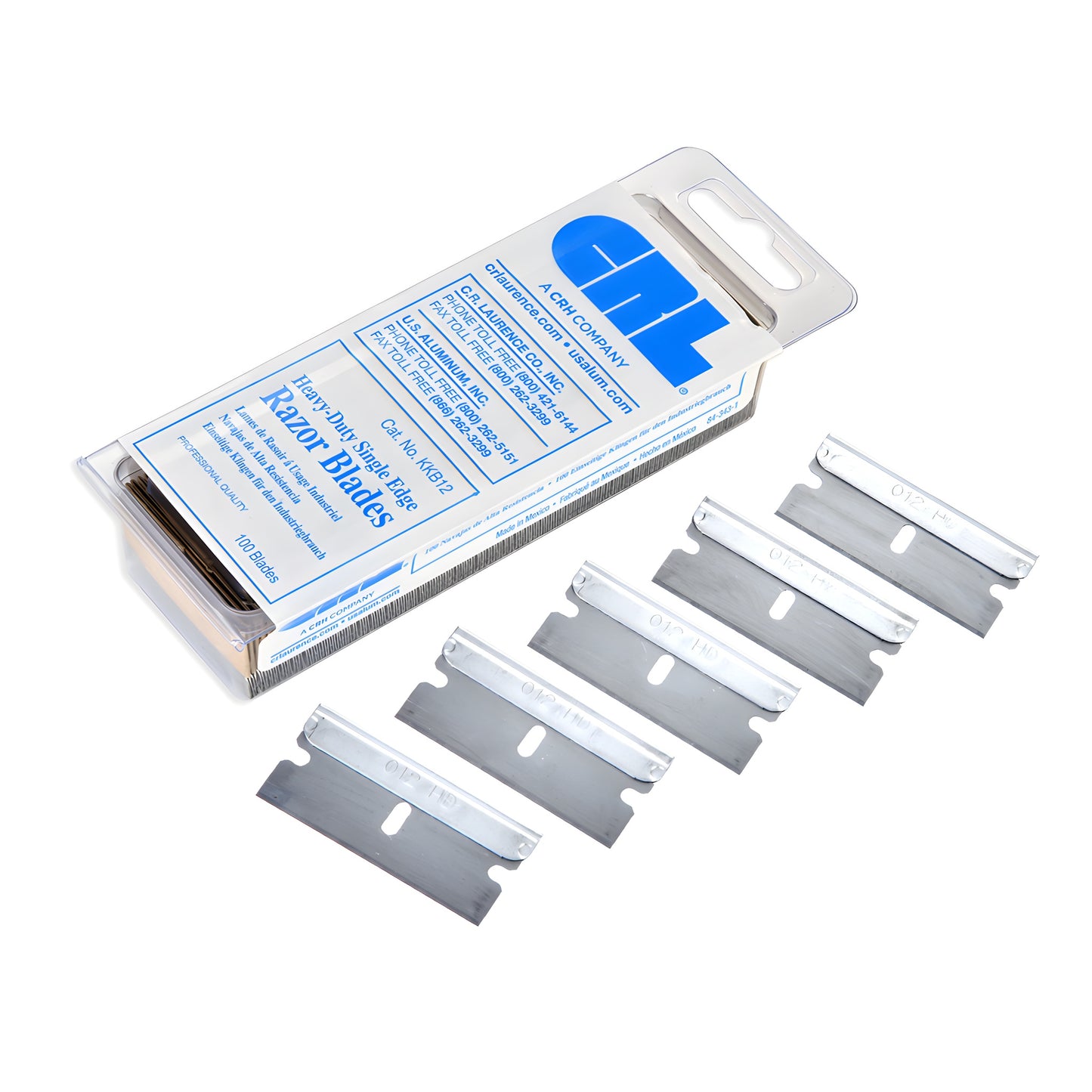 CRL KKB12 heavy duty single edge razor blades (.012 in carbon steel) box of 100 with five blades fanned beside it
