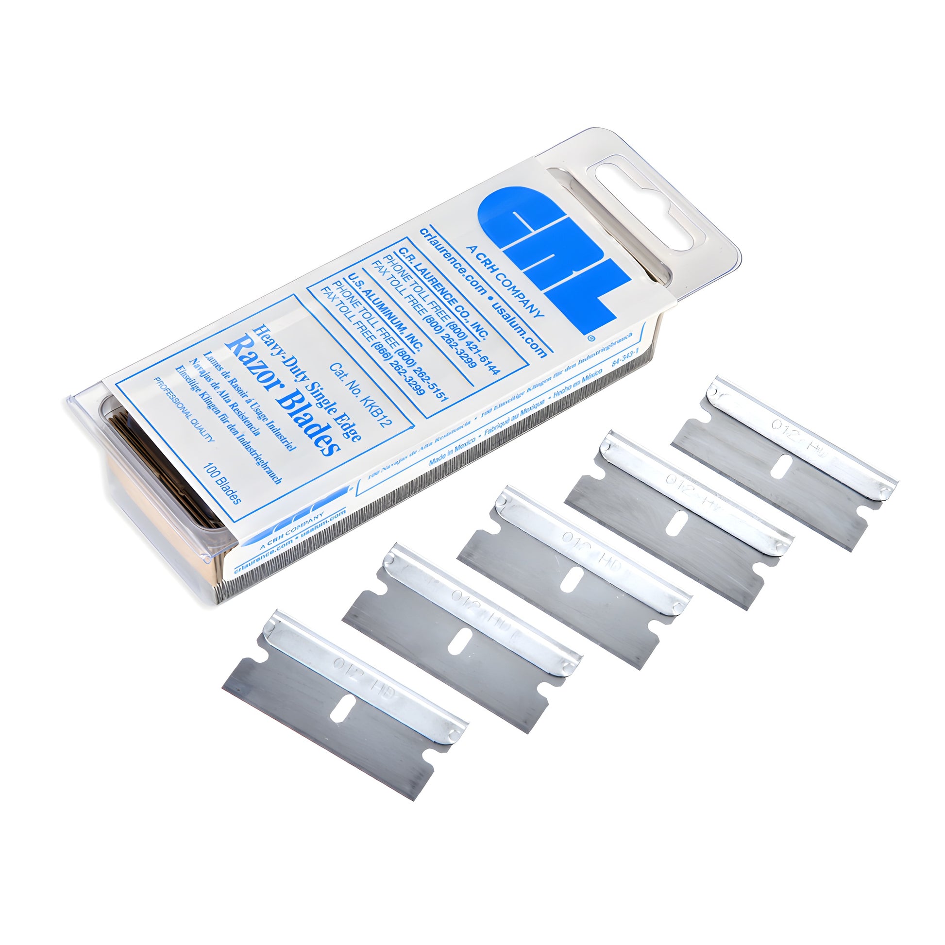 CRL KKB12 heavy duty single edge razor blades (.012 in carbon steel) box of 100 with five blades fanned beside it