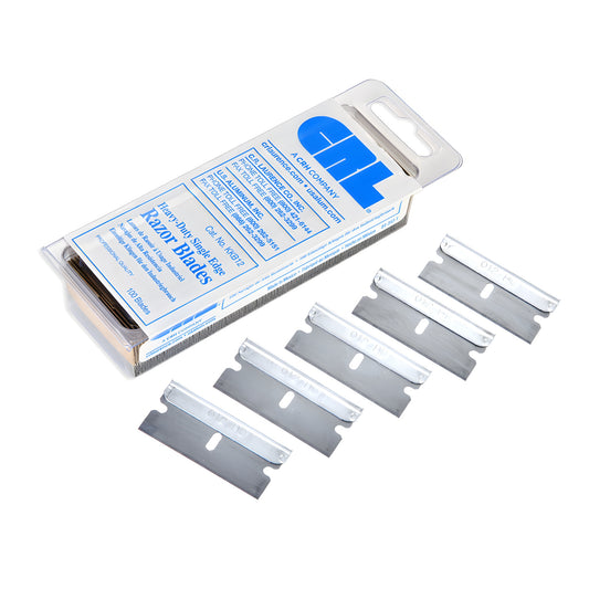 CRL KKB12 heavy duty single edge razor blades (.012 in carbon steel) box of 100 with five blades fanned beside it